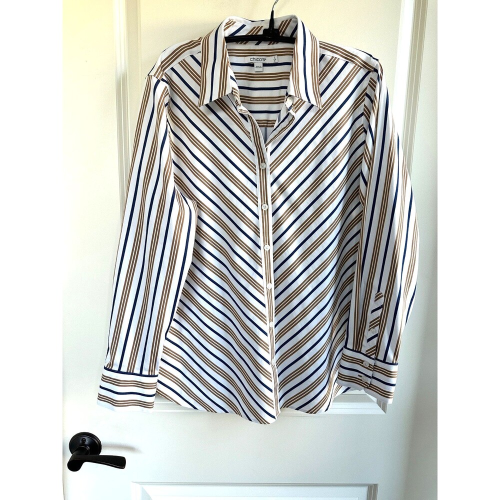 Chico s No-Iron Stretch White Tan Blue Striped Shirt Chico’s 2 (Large / US 12)